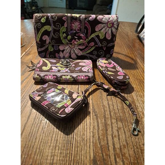 Vintage Vera Bradley Purse Two Wallets Sunglass Case Floral Set Brown Pink - Picture 1 of 6